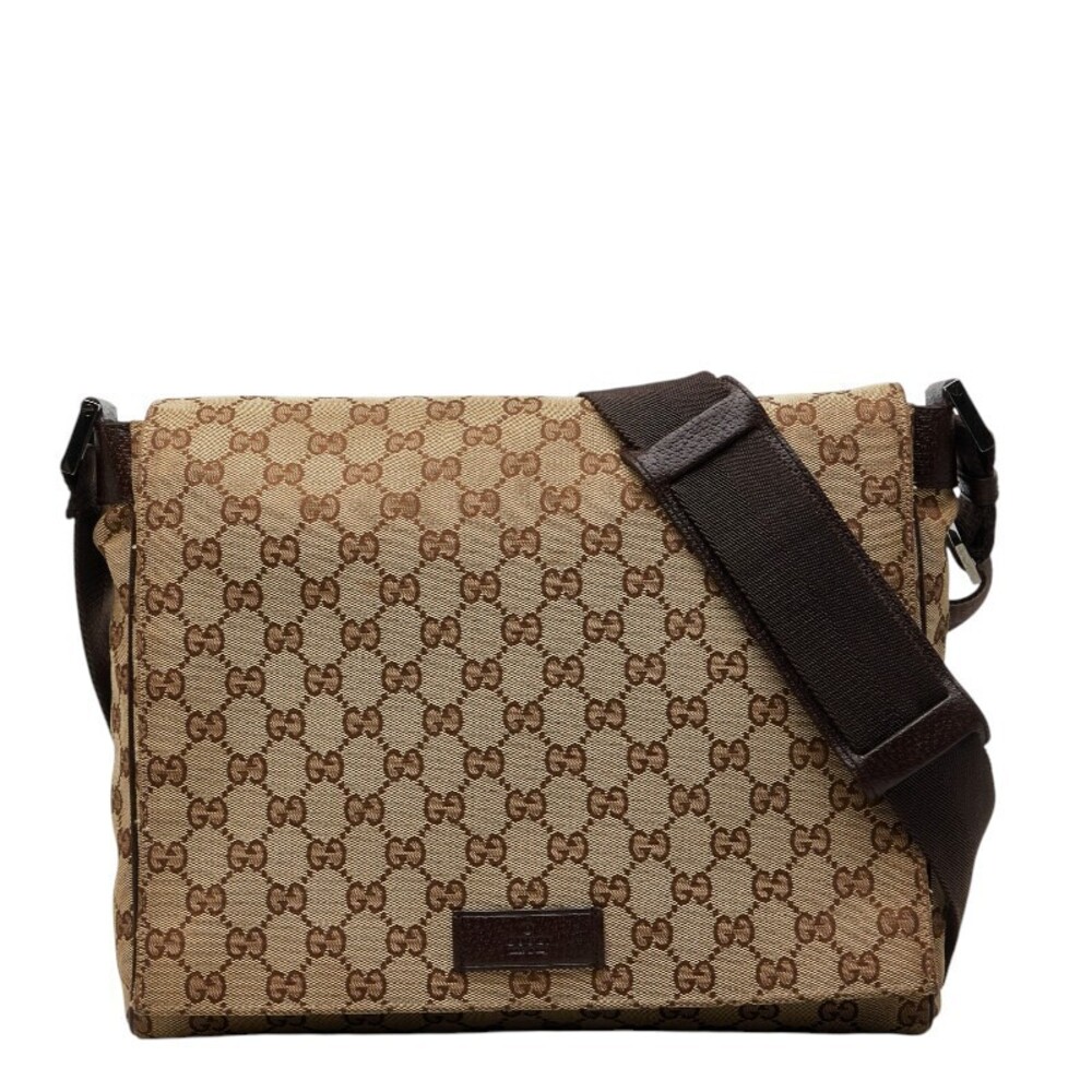 Gucci GG Canvas Crossbody Bag Beige Cream Brown Leather
